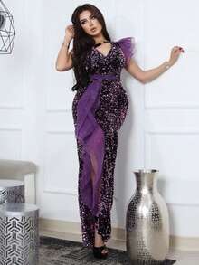 SISKAKIA 網紗拼接荷葉邊高衩亮片派對禮服 - 紫色 - 查看 3