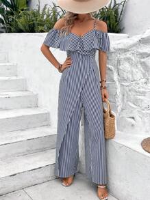 Breezaya 條紋印花挖肩荷葉邊連身褲 - 藏蓝色 - 查看 1