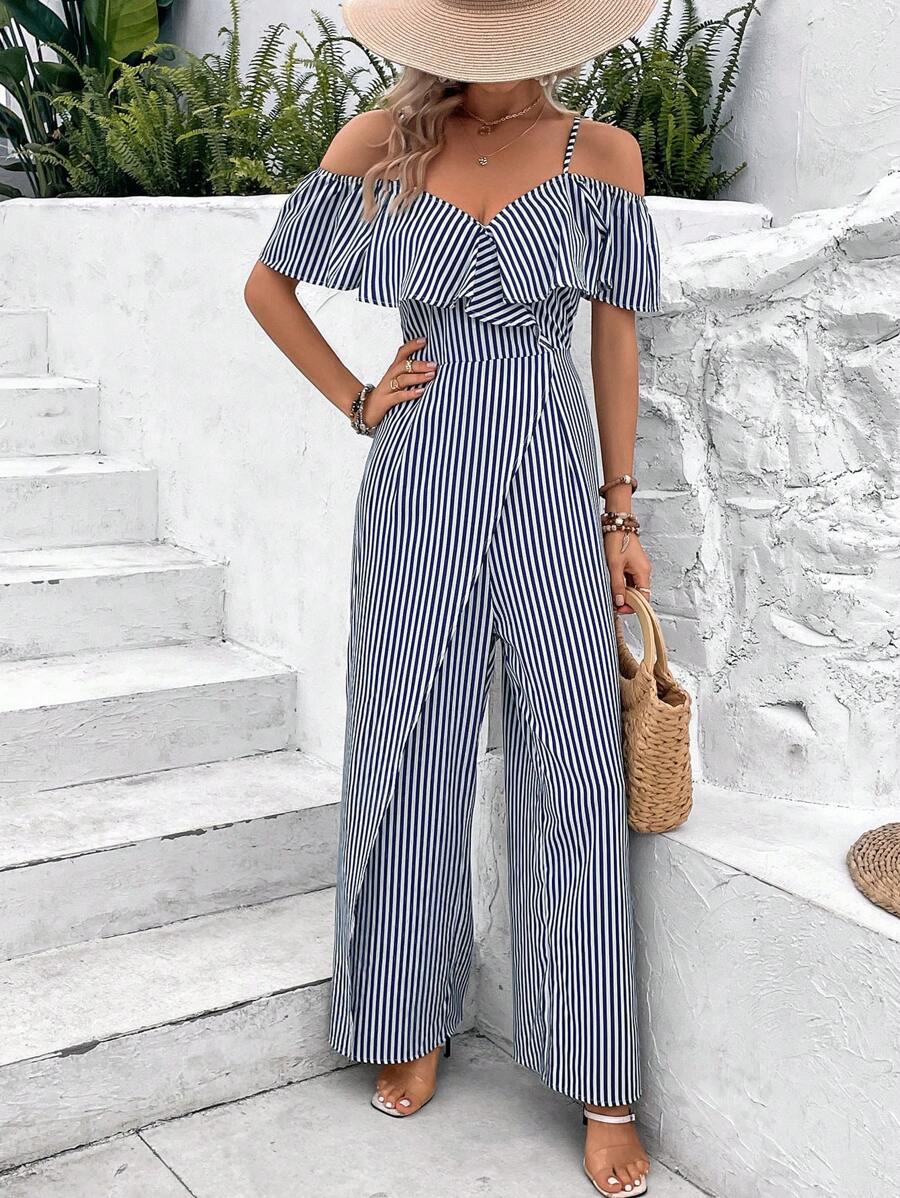 Breezaya 條紋印花挖肩荷葉邊連身褲 - 藏蓝色 - 查看 1