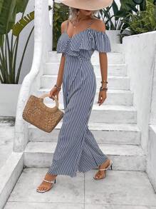 Breezaya 條紋印花挖肩荷葉邊連身褲 - 藏蓝色 - 查看 3