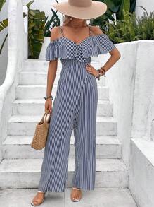 Breezaya 條紋印花挖肩荷葉邊連身褲 - 藏蓝色 - 查看 6