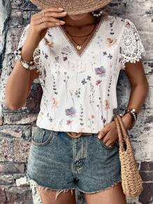 SHEIN LUNE Áo thun ren họa tiết hoa Guipure dành cho nữ - trắng - Xem 5