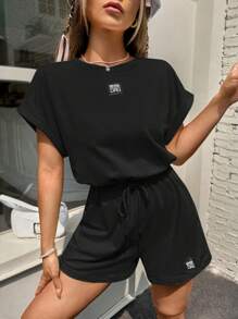 SHEIN EZwear 字母補丁細節蝙蝠袖前打結連身短褲