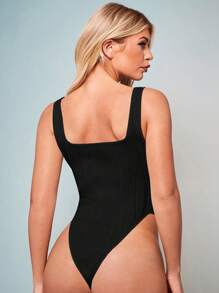 SHEIN BAE Cut Out Front High Cut Tank Bodysuit - Black - View 2