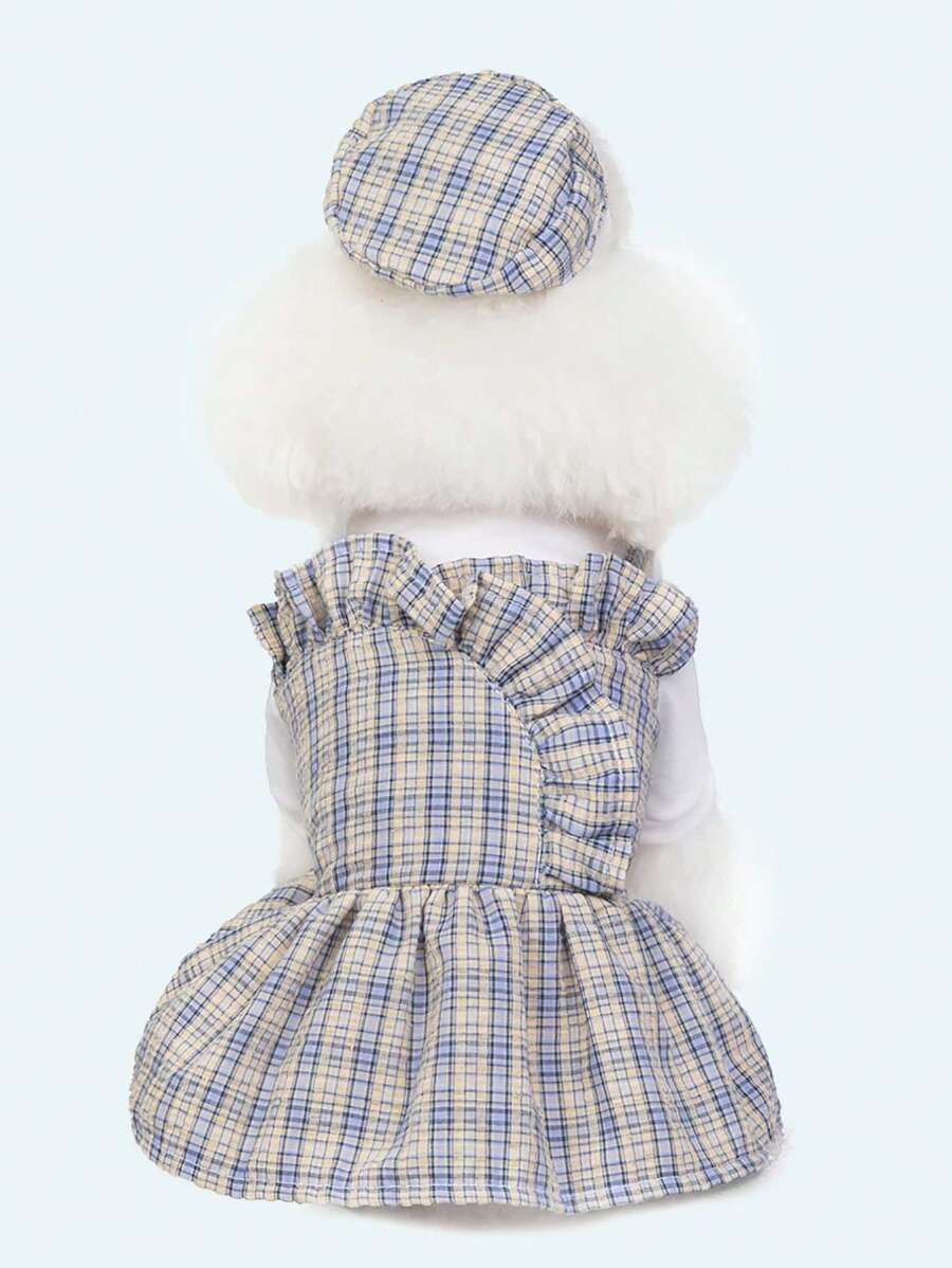 1入組格紋印花寵物連衣裙和1入組帽適用於狗狗和貓適合夏天 - 彩色 - 查看 1