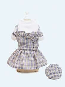 1入組格紋印花寵物連衣裙和1入組帽適用於狗狗和貓適合夏天 - 彩色 - 查看 2