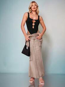 SHEIN BAE Cut Out Front High Cut Tank Bodysuit - Black - View 5