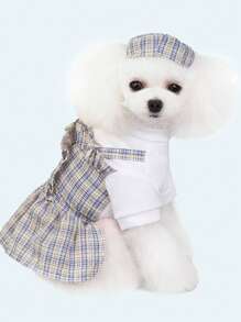 1入組格紋印花寵物連衣裙和1入組帽適用於狗狗和貓適合夏天 - 彩色 - 查看 4