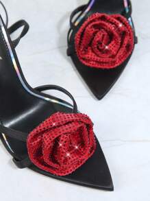 SHUZIA Pointy Toe Rose Embellished High Heels - Black - View 3