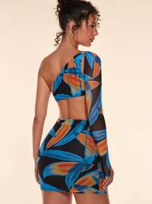 SHEIN BAE Allover Print One Shoulder Cut Out Waist Bodycon Dress - Multicolor - View 4