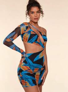 SHEIN BAE Allover Print One Shoulder Cut Out Waist Bodycon Dress - Multicolor - View 5