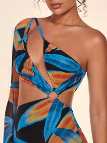 SHEIN BAE Allover Print One Shoulder Cut Out Waist Bodycon Dress - Multicolor - View 6