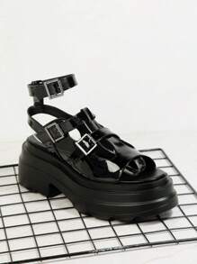 Artificial Patent PU Ankle Strap Sandals - Black - View 2
