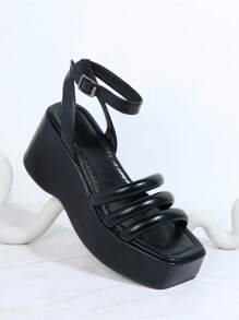 人造皮革踝帶露趾高跟鞋 - 黑色 - 查看 2