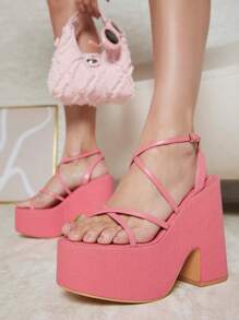 人造皮革踝帶坡跟高跟鞋 - 珊瑚粉 - 查看 1