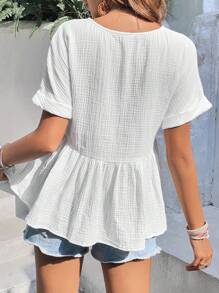 SHEIN Frenchy 素色蝙蝠袖荷葉邊下擺襯衫 - 白色 - 查看 2