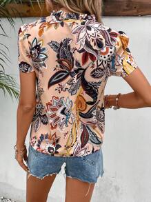 SHEIN Frenchy Paisley Print Notched Neckline Puff Sleeve Blouse - Multicolor - View 2