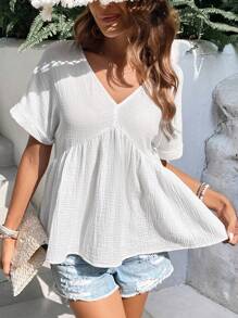 SHEIN Frenchy 素色蝙蝠袖荷葉邊下擺襯衫 - 白色 - 查看 3