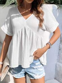 SHEIN Frenchy 素色蝙蝠袖荷葉邊下擺襯衫 - 白色 - 查看 4