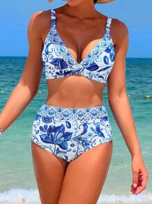 Floral Print High Waisted Bikini Set For Summer Beach - Blue and White - View 3