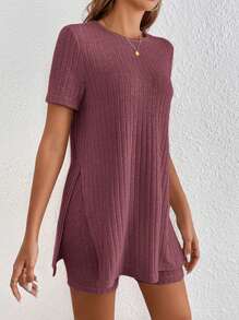 SHEIN Frenchy 下擺開叉T恤和機車短褲 - 紫紅色 - 查看 5