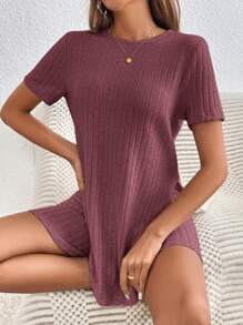 SHEIN Frenchy 下擺開叉T恤和機車短褲 - 紫紅色 - 查看 6