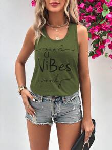 SHEIN LUNE Slogan Graphic Tank Top - Army Green - View 1