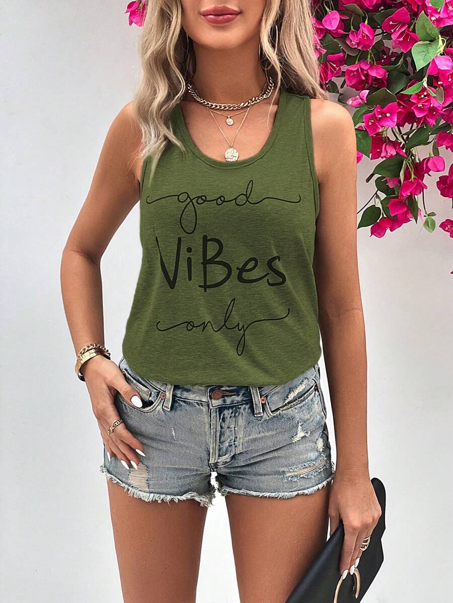 SHEIN LUNE Slogan Graphic Tank Top - Army Green - View 1