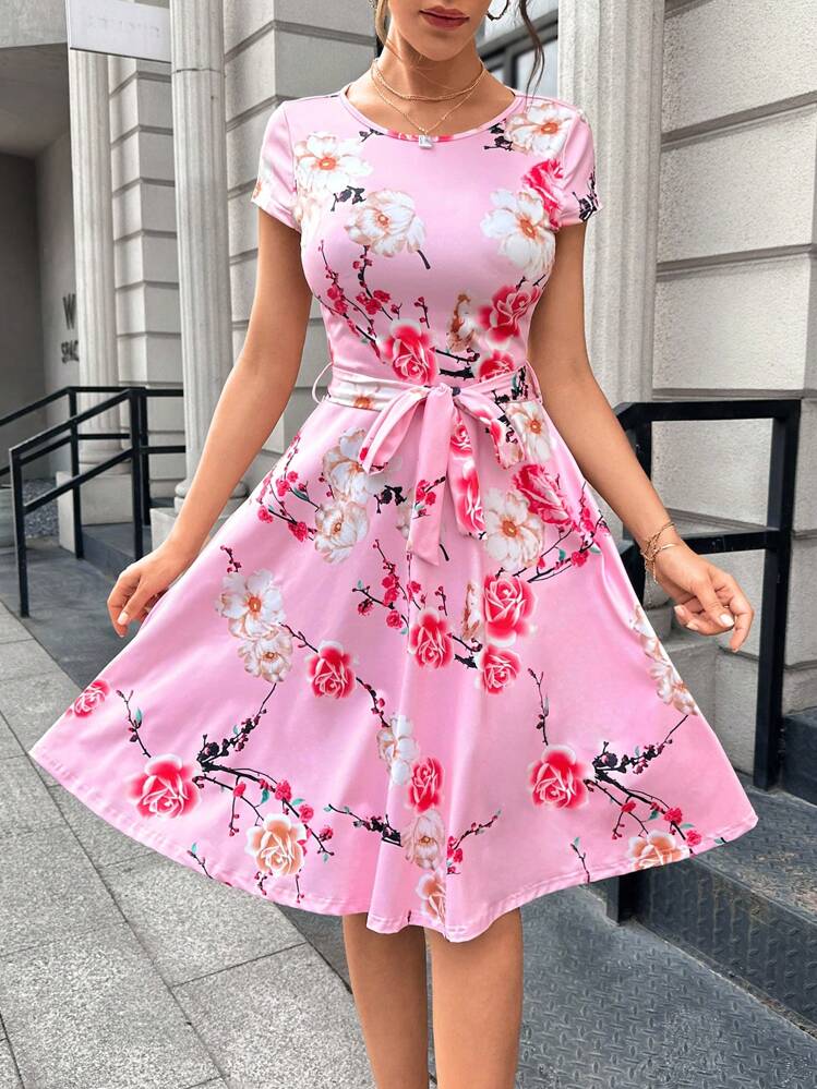 SHEIN Privé Floral Print Belted Dress | SHEIN USA