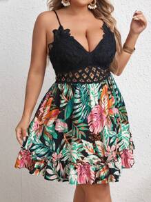 SHEIN VCAY 波西米亞露背 蕾絲拼接 褶皺邊 荷葉邊 後系帶熱帶印花加大洋裝 - 彩色 - 查看 1