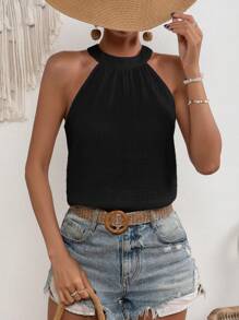 SHEIN VCAY 無地柄 キーホールバック ホルタートップ - ブラック - チェックする 1