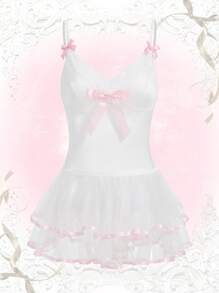 ROMWE Kawaii Bow Decor Lace Up Back Babydoll Dress - White - View 5