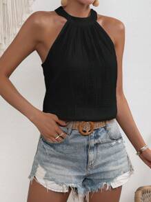 SHEIN VCAY 無地柄 キーホールバック ホルタートップ - ブラック - チェックする 3