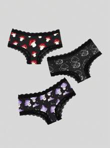 texdoodles Fairycore 3pack Cartoon Graphic Contrast Lace Panty Set