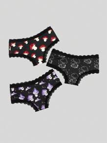 texdoodles Fairycore 3pack Cartoon Graphic Contrast Lace Panty Set