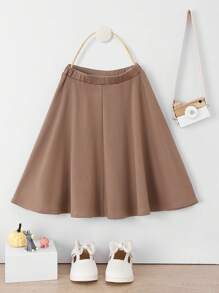 SHEIN 小女童素色喇叭半身裙 - 卡其色 - 查看 2