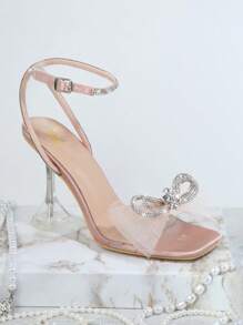 Satin Jeweled Bow Transparent High Heels - Apricot - View 2