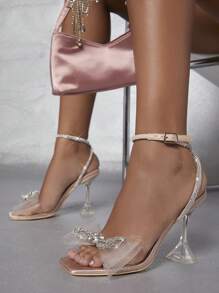 Satin Jeweled Bow Transparent High Heels - Apricot - View 4