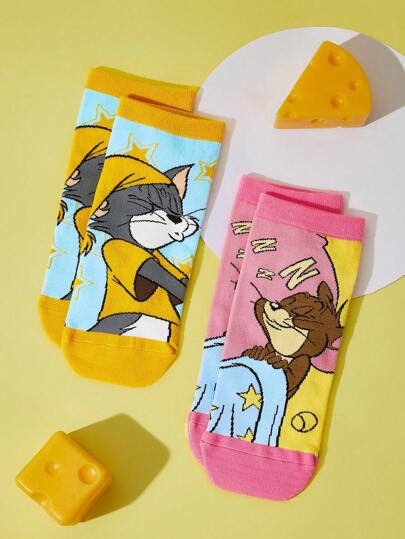 TOM & JERRY X SHEIN 2pairs Women Cartoon Cat & Mouse Pattern Cute Ankle Socks For Daily Life