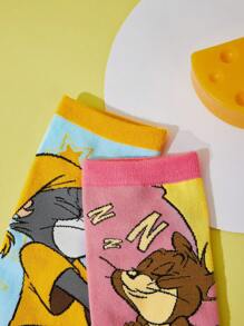 TOM & JERRY X SHEIN 2pairs Women Cartoon Cat & Mouse Pattern Cute Ankle Socks For Daily Life - Multicolor - View 7