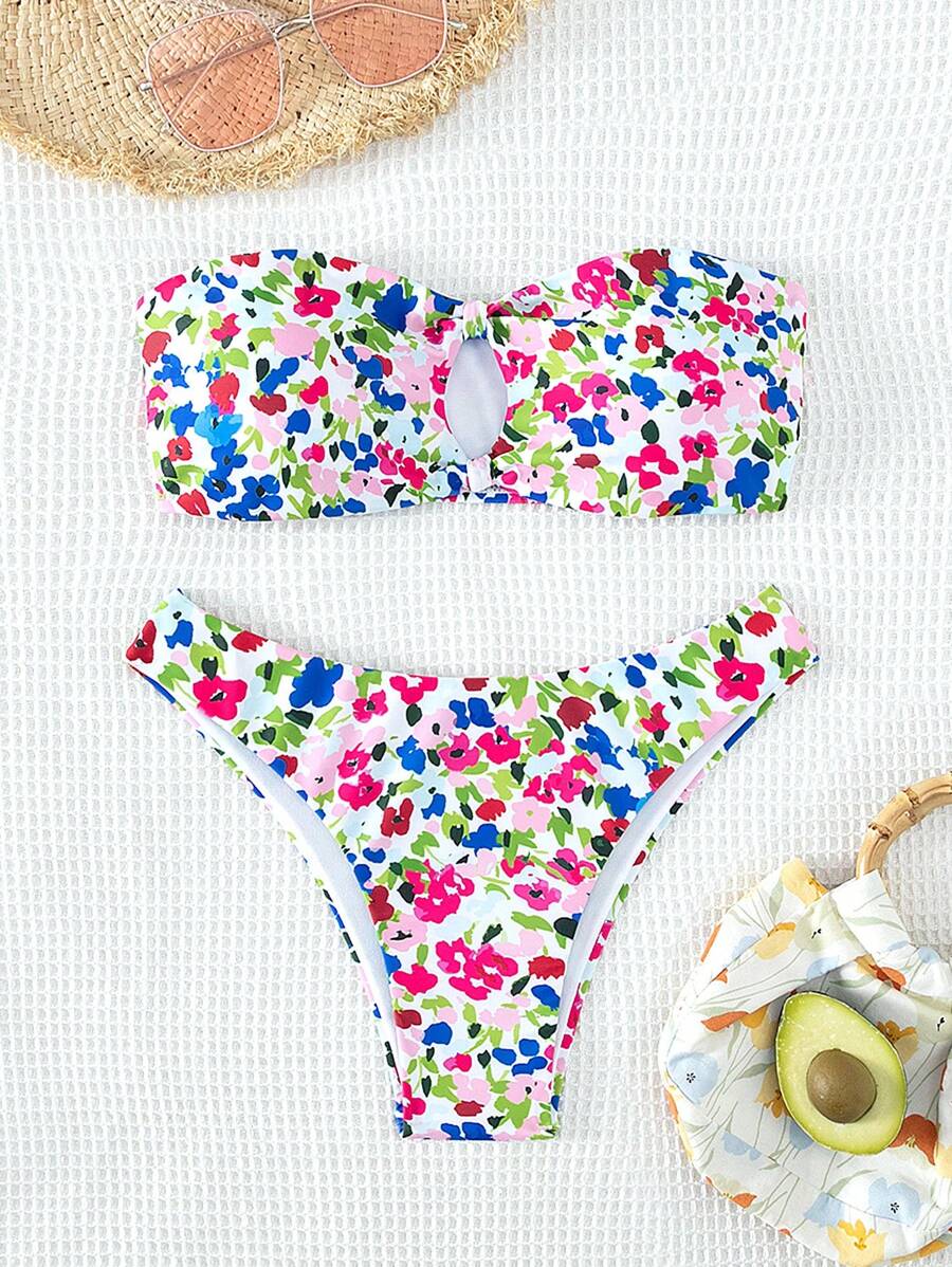 SHEIN Floral Print Bandeau Bikini Set For Summer Beach - Multicolor - View 1