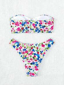 SHEIN Floral Print Bandeau Bikini Set For Summer Beach - Multicolor - View 2