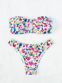 SHEIN Floral Print Bandeau Bikini Set For Summer Beach - Multicolor - View 3