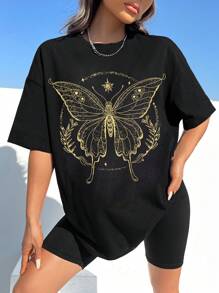 SHEIN EZwear 蝴蝶圖案落肩袖超大號T恤 - 黑色 - 查看 4
