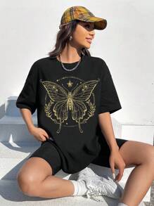 SHEIN EZwear 蝴蝶圖案落肩袖超大號T恤 - 黑色 - 查看 5