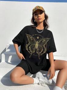 SHEIN EZwear 蝴蝶圖案落肩袖超大號T恤 - 黑色 - 查看 7