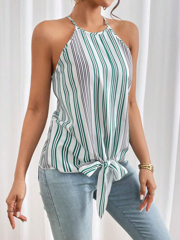 SHEIN Privé Striped Print Knot Hem Cami Top - Multicolor - View 4