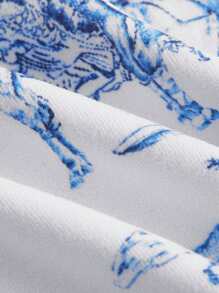 SHEIN MOD Figure & Tree Print Bow Front Wide Straps Top - Blue and White - View 3