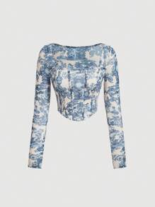 SHEIN MOD 山水圖案弧形下擺短款T恤 - 彩色 - 查看 1