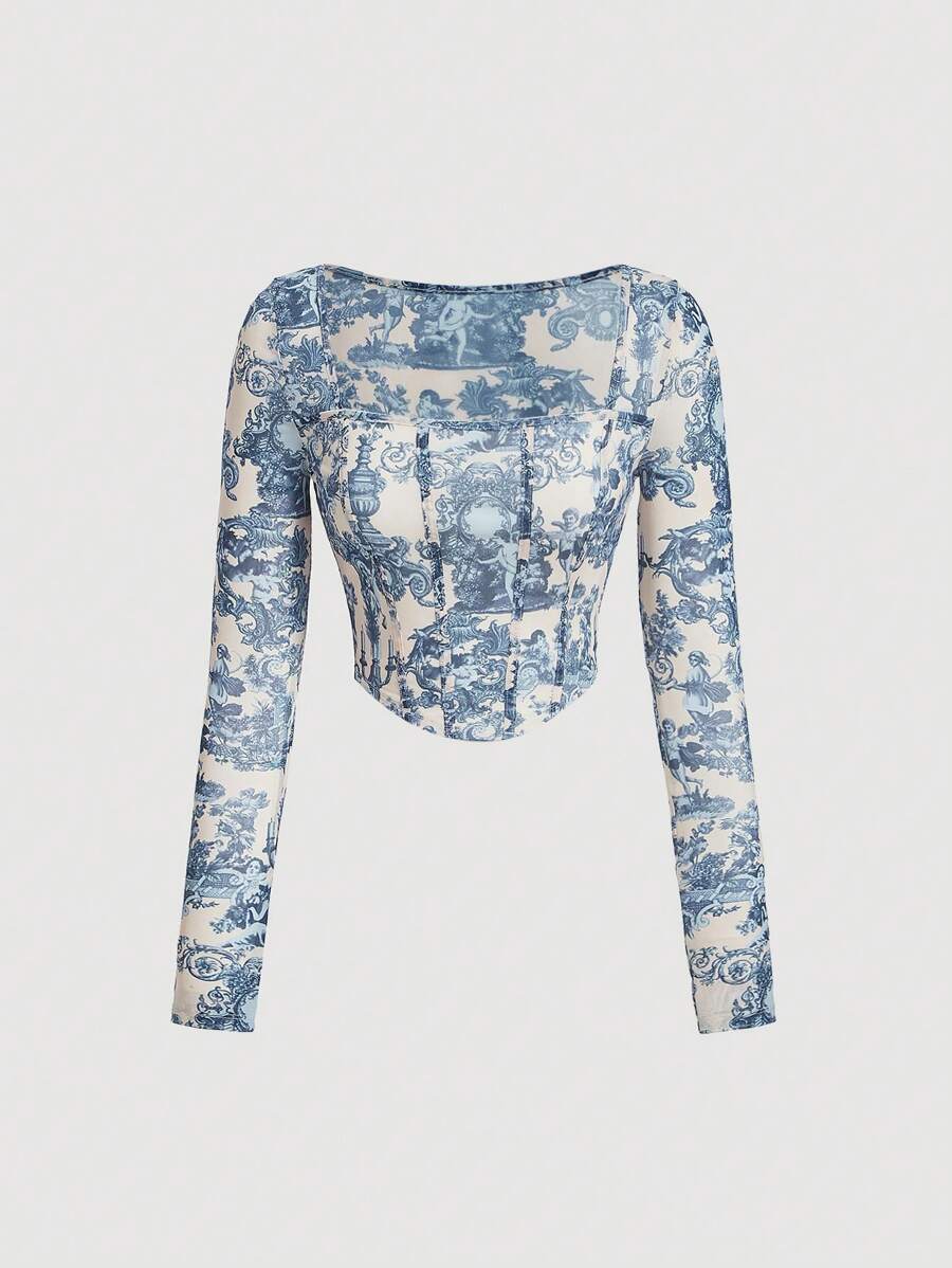 SHEIN MOD 山水圖案弧形下擺短款T恤 - 彩色 - 查看 1